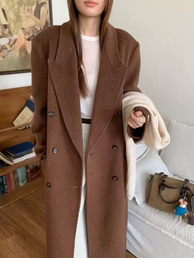 秋冬新款西服式骆驼绒双面呢大衣双排扣气质中长款外套