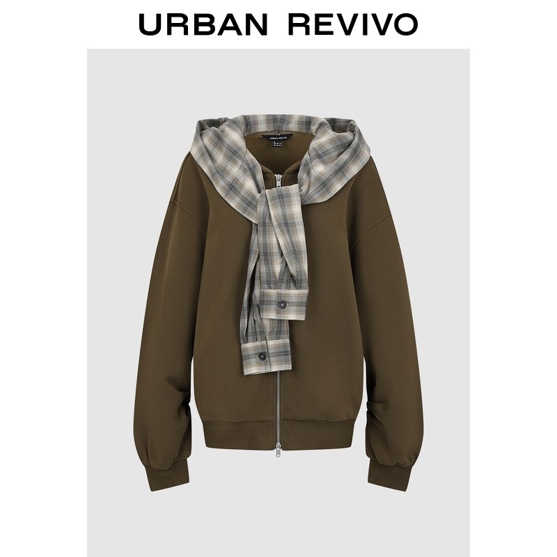 UR2026春季新款女装休闲设计感假两件格纹连帽外套UWH160017