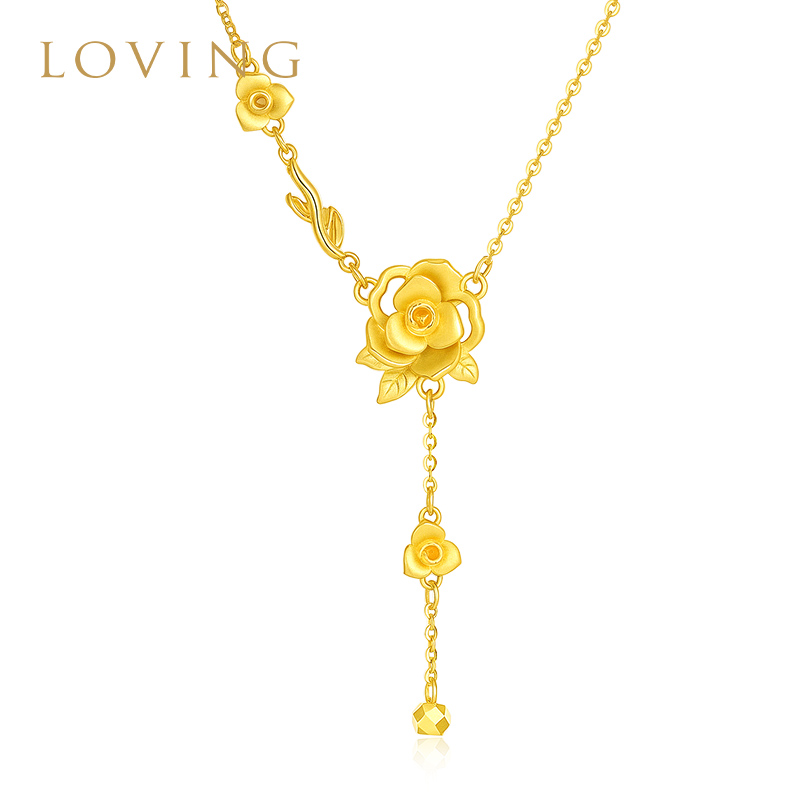 LOVING黄金玫瑰花流苏套链999足金浪漫少女项链送女友生日礼物