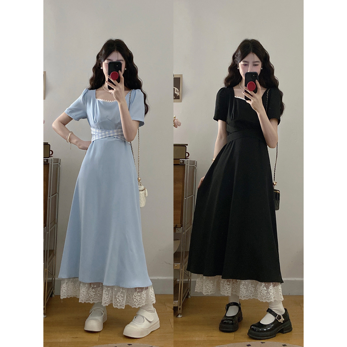 【现货】大码女装法式气质方领格子绑带设计感时尚连衣裙女