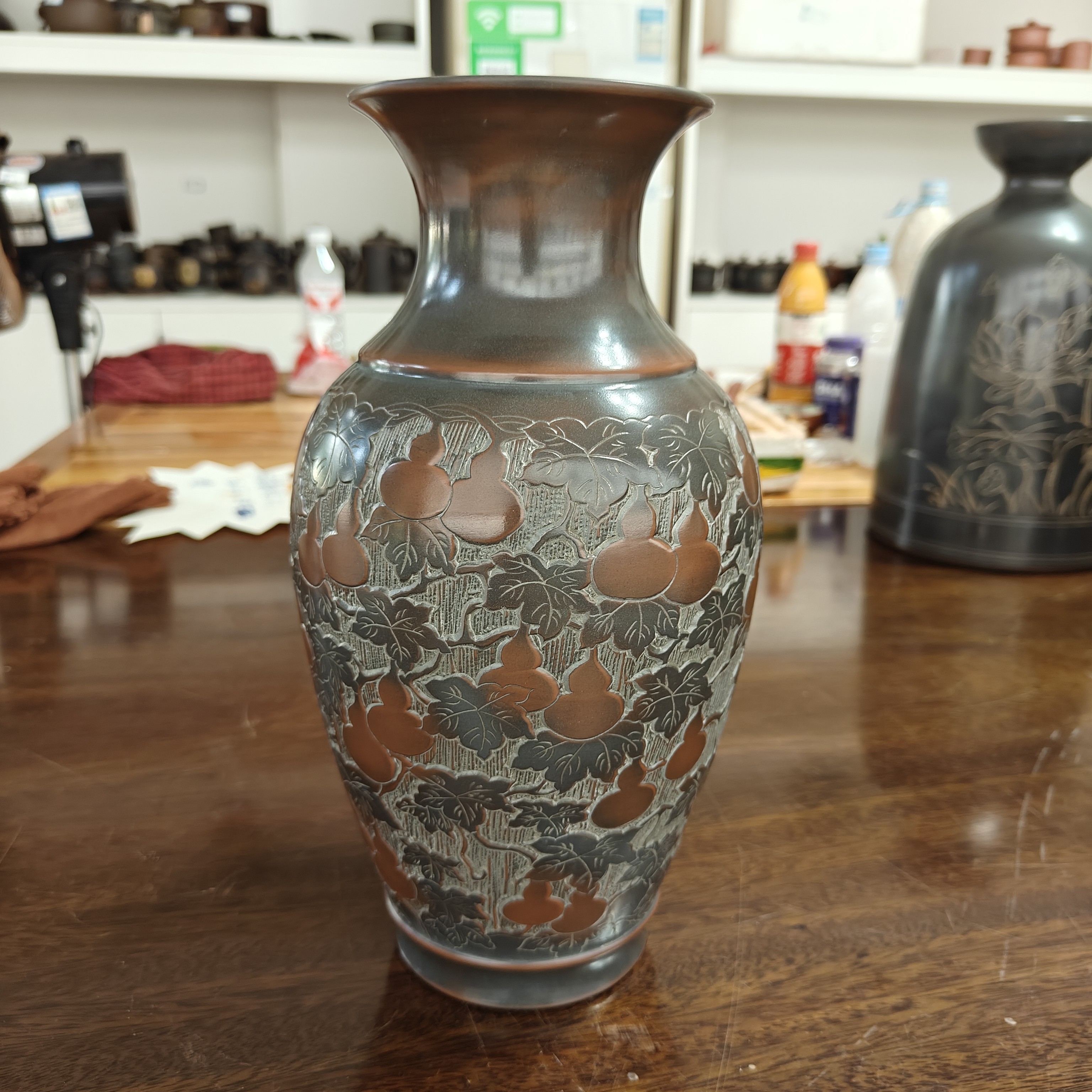 坭兴陶纯手工花瓶摆件满葫芦花瓶，高约29厘米