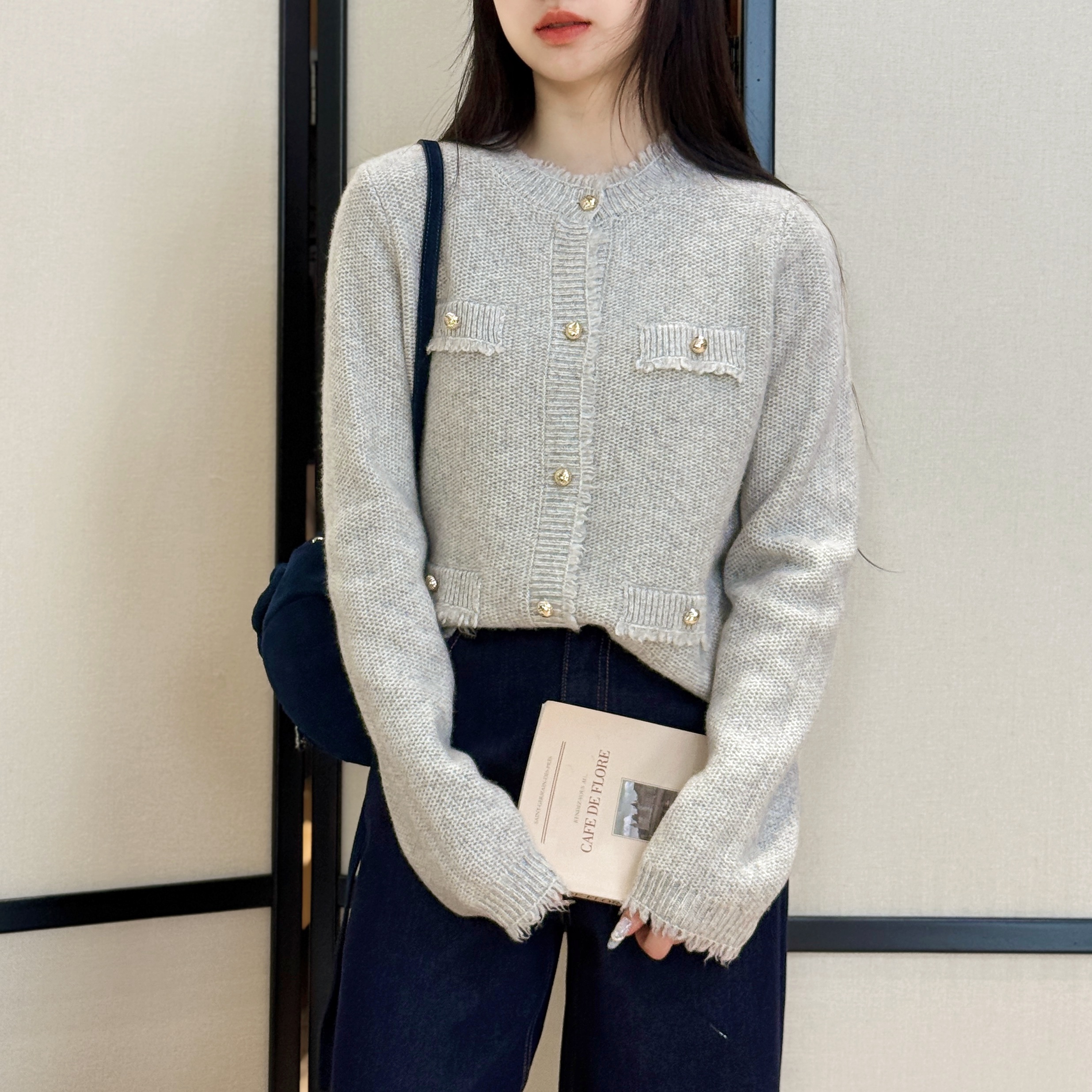 优雅的AB面丨100绵羊毛丨精致小香风厚款箱形廓版针织开衫-MY6462