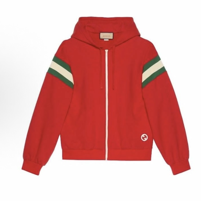 未使用 GUCCI/古驰 红色连帽拉链梭织长袖卫衣外套休闲拼色
