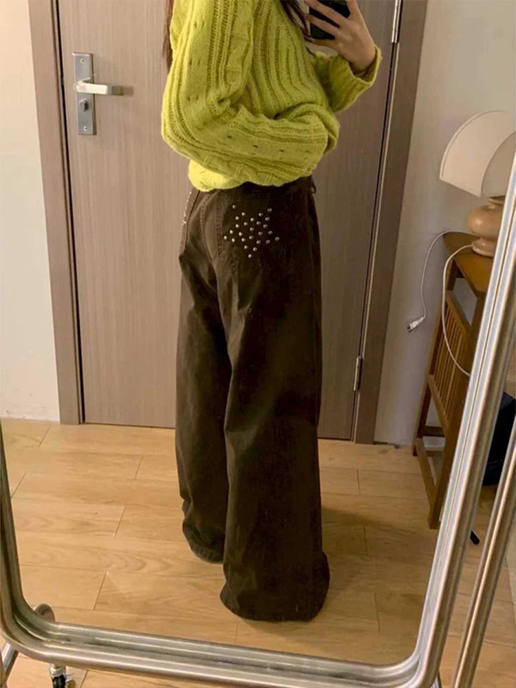 美式复古辣妹宽松bf慵懒风牛仔裤子女设计感五角星铆钉口袋拖地裤