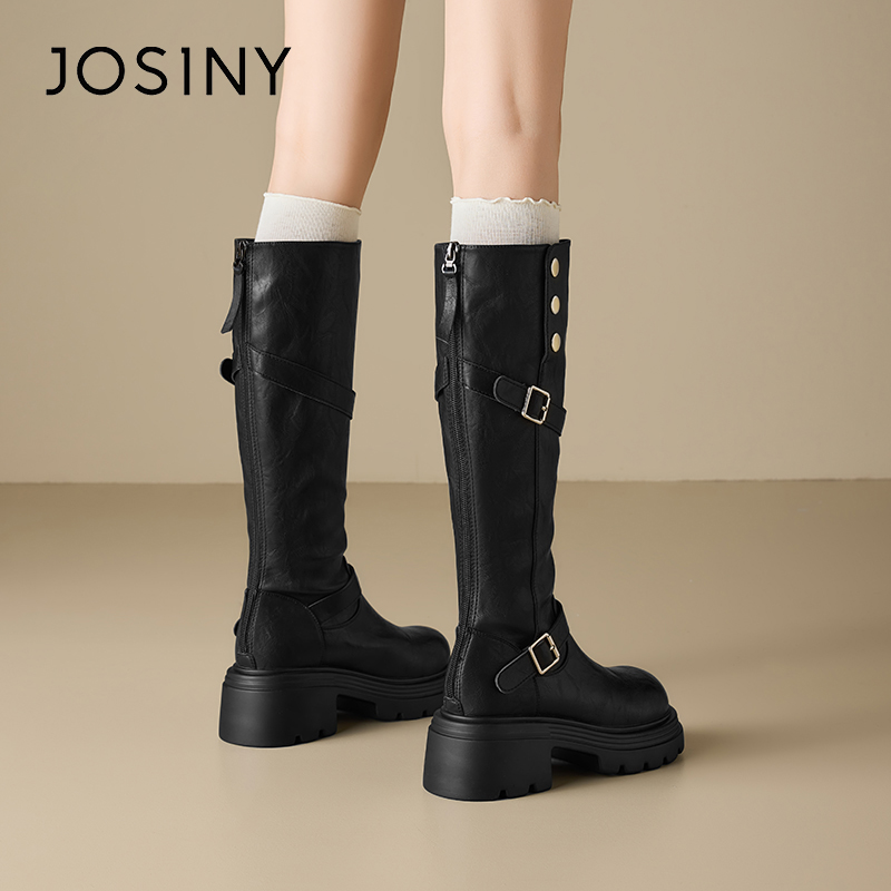 卓诗尼黑色英伦风气质骑士靴2025秋冬新款厚底高筒靴502A82464