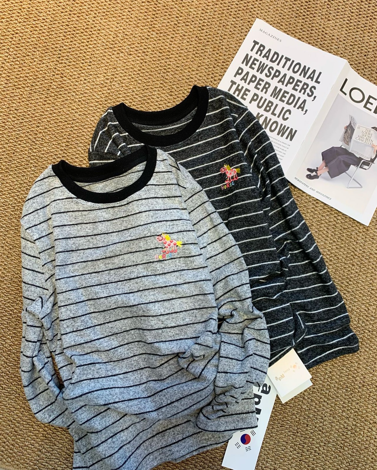 089【冬季新款】刺绣粉色爱心小马百搭条纹打底衫（9252）