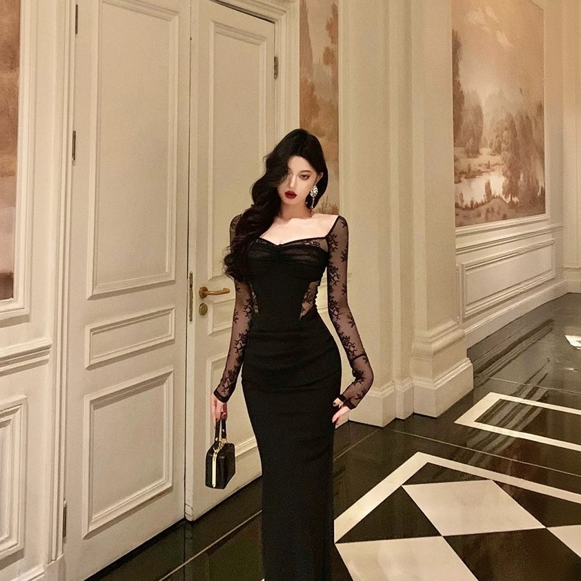 INSTUNNING纯欲性感蕾丝鱼骨丝绒黑色礼服年会氛围感气质包臀裙