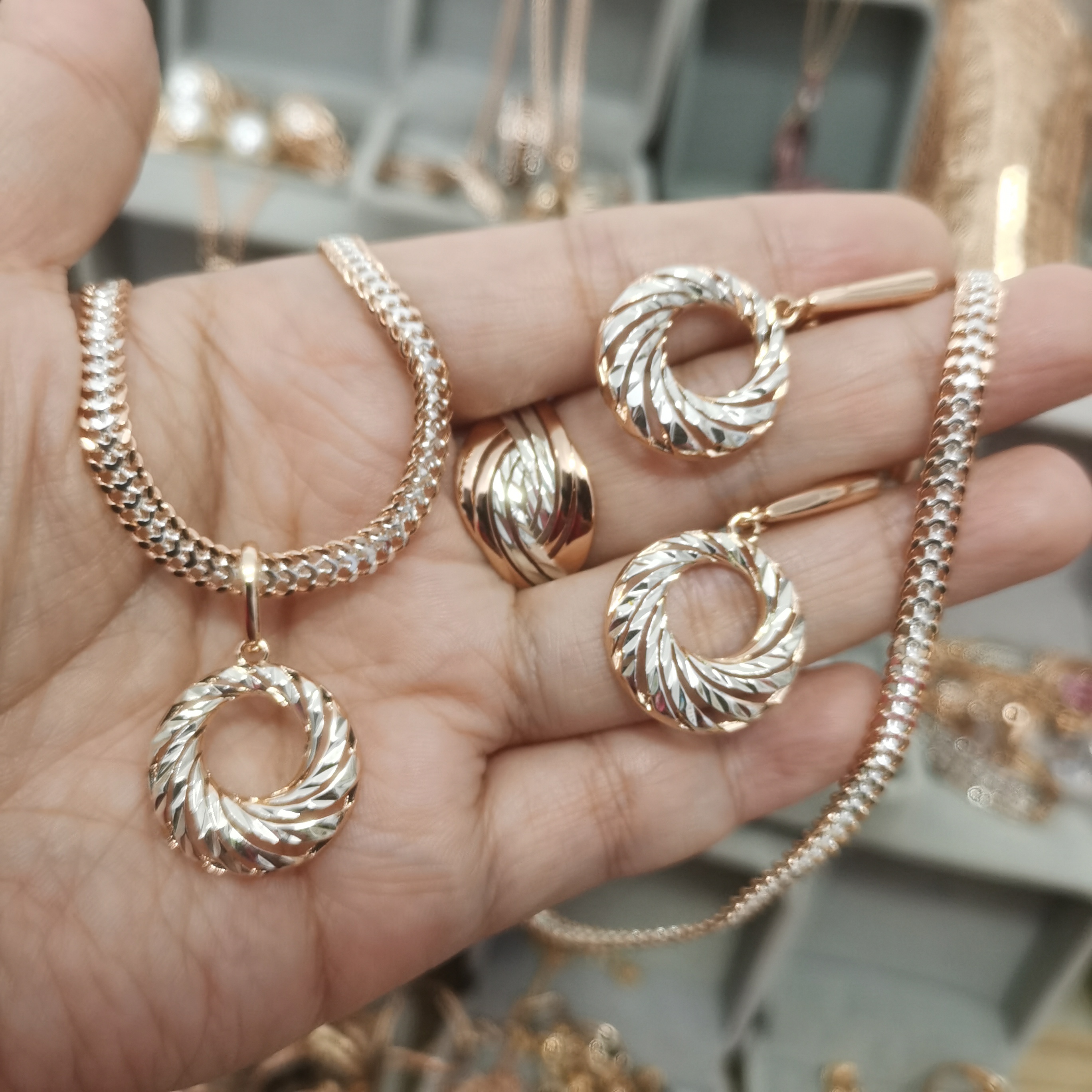 铜合金耳饰 15花神套装女神戒指花卉红金中古时尚欧美玫瑰金k金