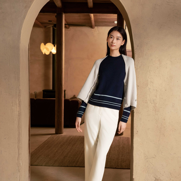 浅秋 百分百绵羊毛宽松夹条纹上衣