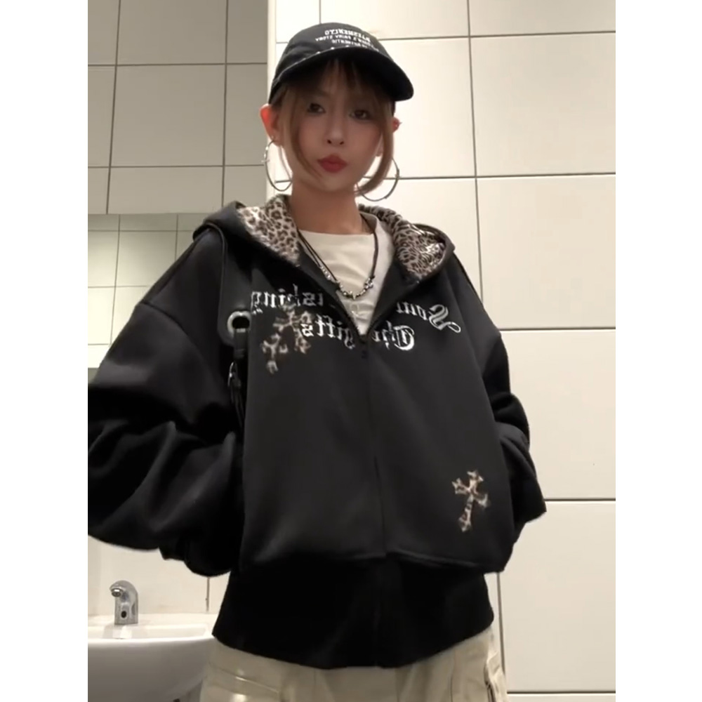 美式复古哥特连帽卫衣外套女复古豹纹拼接十字架2025秋季开衫上衣