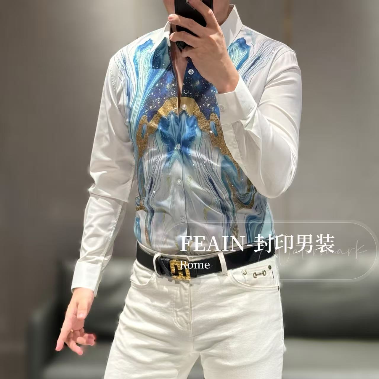 高端定制立体印花幻彩图案立体奥钻点缀男士长袖衬衫2585