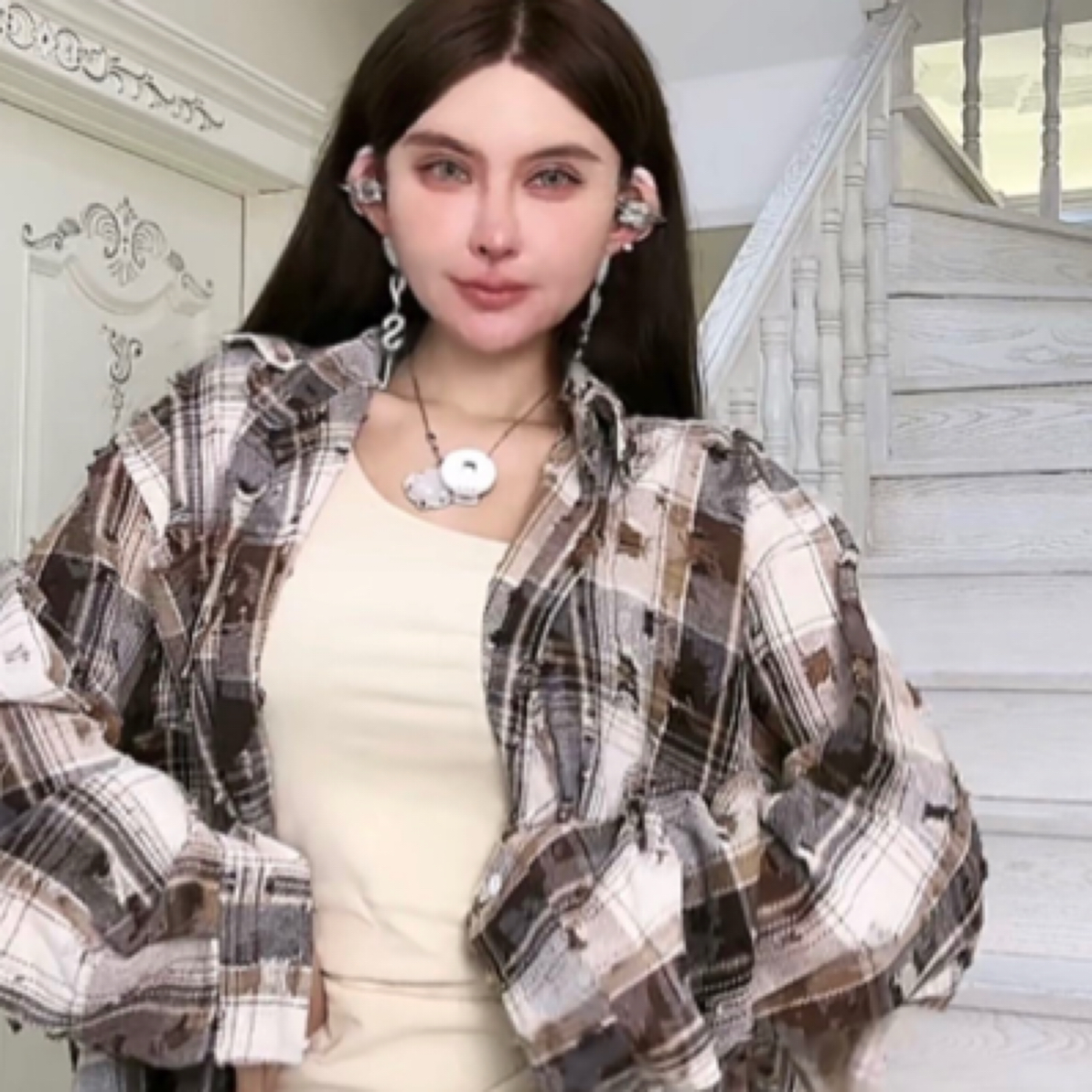 【歪宝同款】水洗拉丝破洞格子衬衫