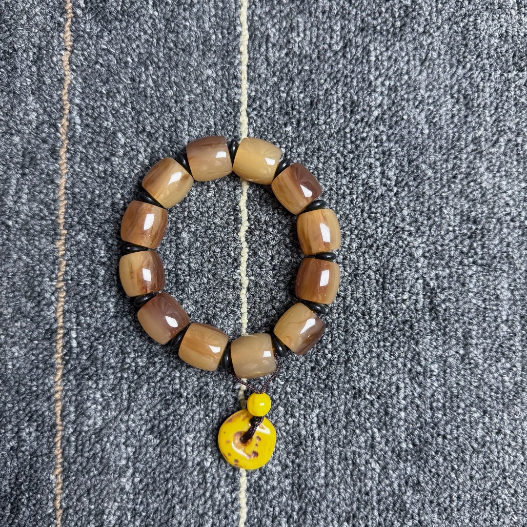 【 炎轩文趣斋】n牛带黄色桶珠手串（不带礼盒）