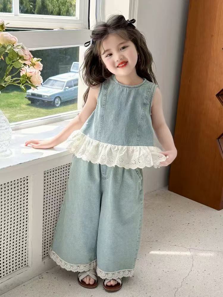 女童夏装牛仔套装2025新款洋气薄款无袖夏季阔腿裤儿童背心两件套