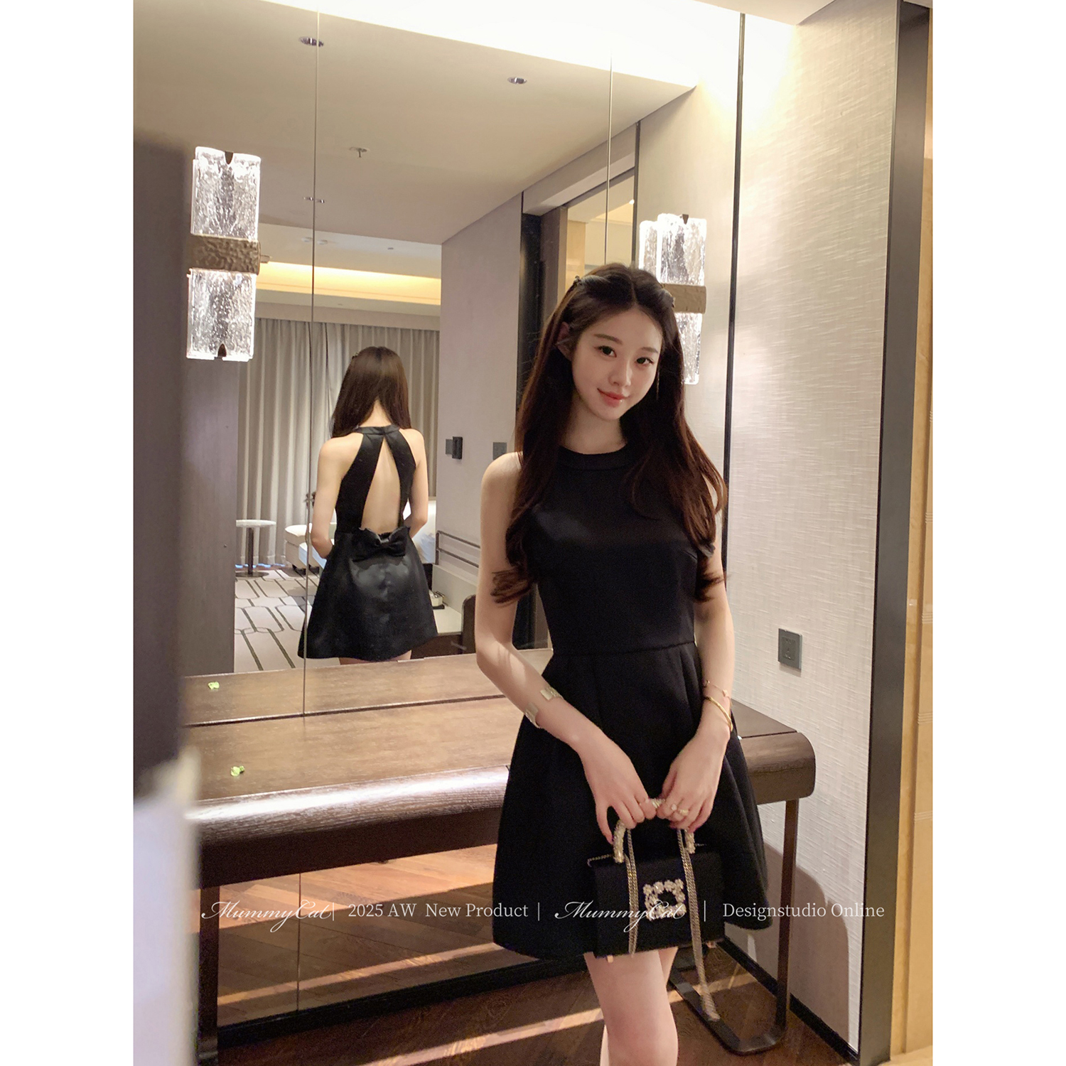 Mummy Cat 下蛋喵 25新品缎面挂脖露背蝴蝶结小礼服连衣裙