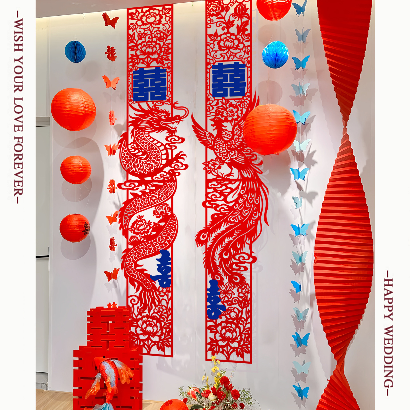 新红色植绒镂空喜婚房布置套装新娘房间布置婚房布置卧室农村婚礼