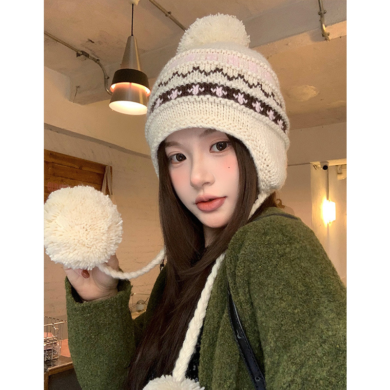 2025费尔岛针织帽女秋冬新款保暖加绒毛球显脸小毛线帽护耳雷锋帽