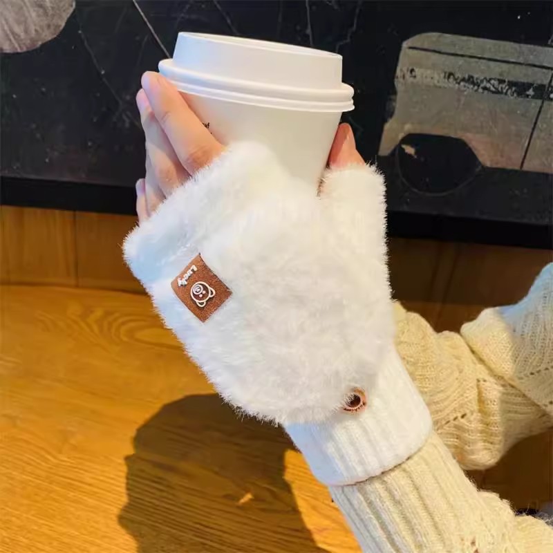 冬季加厚半指翻盖手套女可爱冬天骑行保暖针织学生中大童写字手套