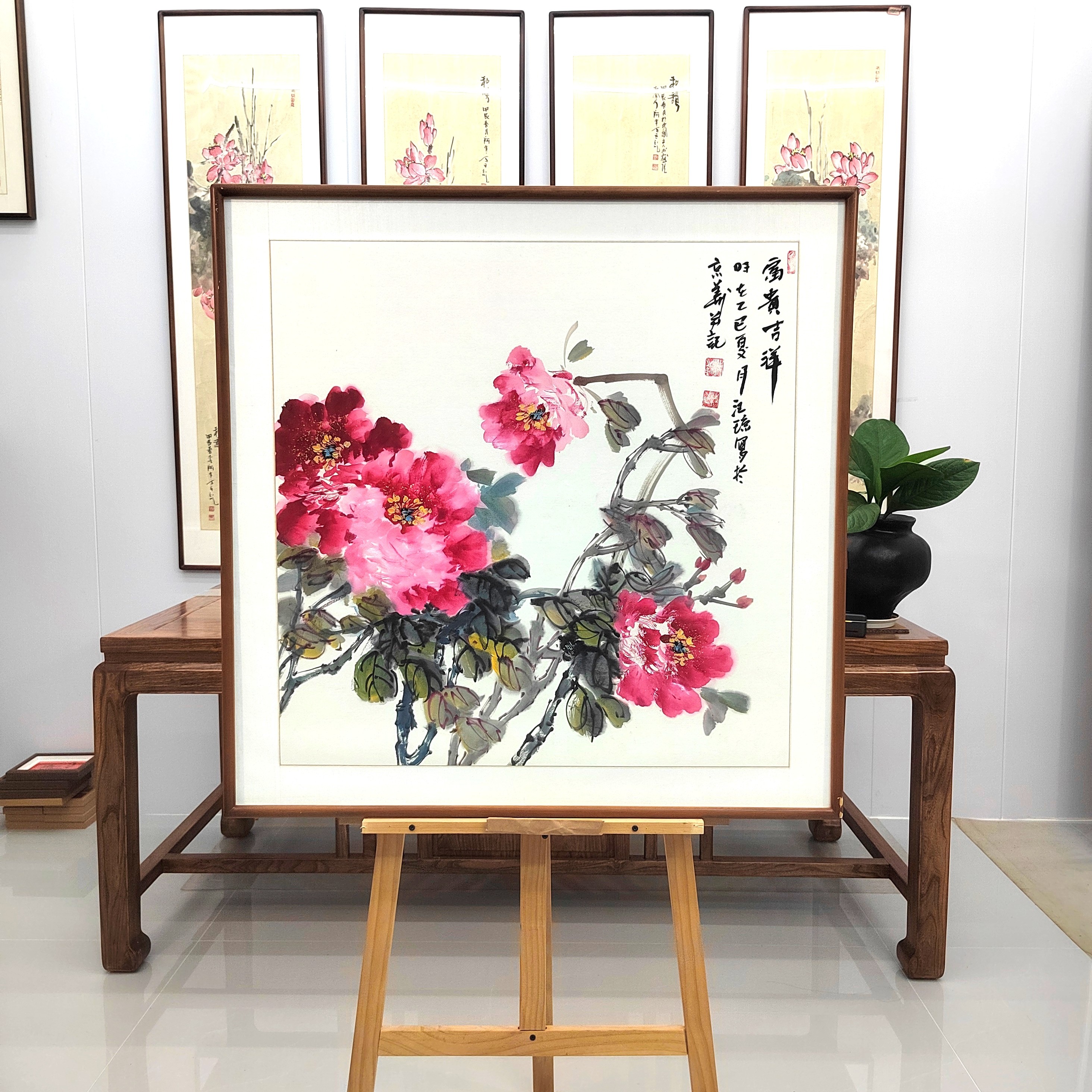 纯手绘国画牡丹《富贵吉祥》80*80cm，书房茶室办公室玄关餐厅挂画