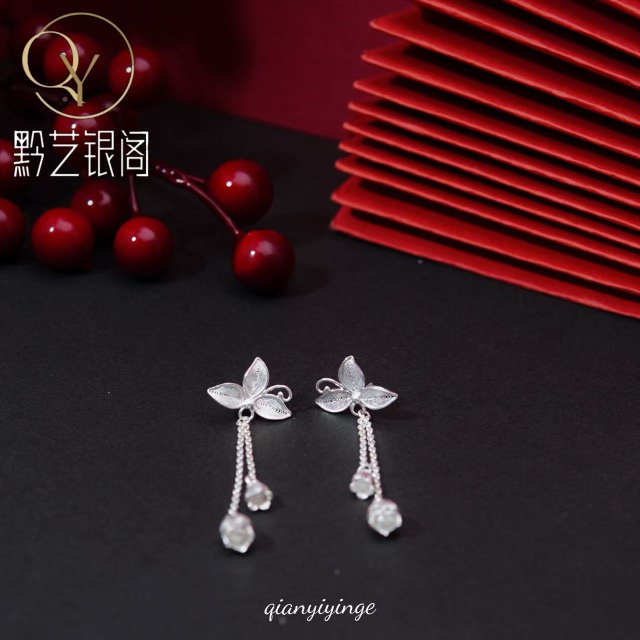 足银耳饰 足银耳饰【黔艺银阁】纯手工足银三叶铃兰花流苏耳钉百搭