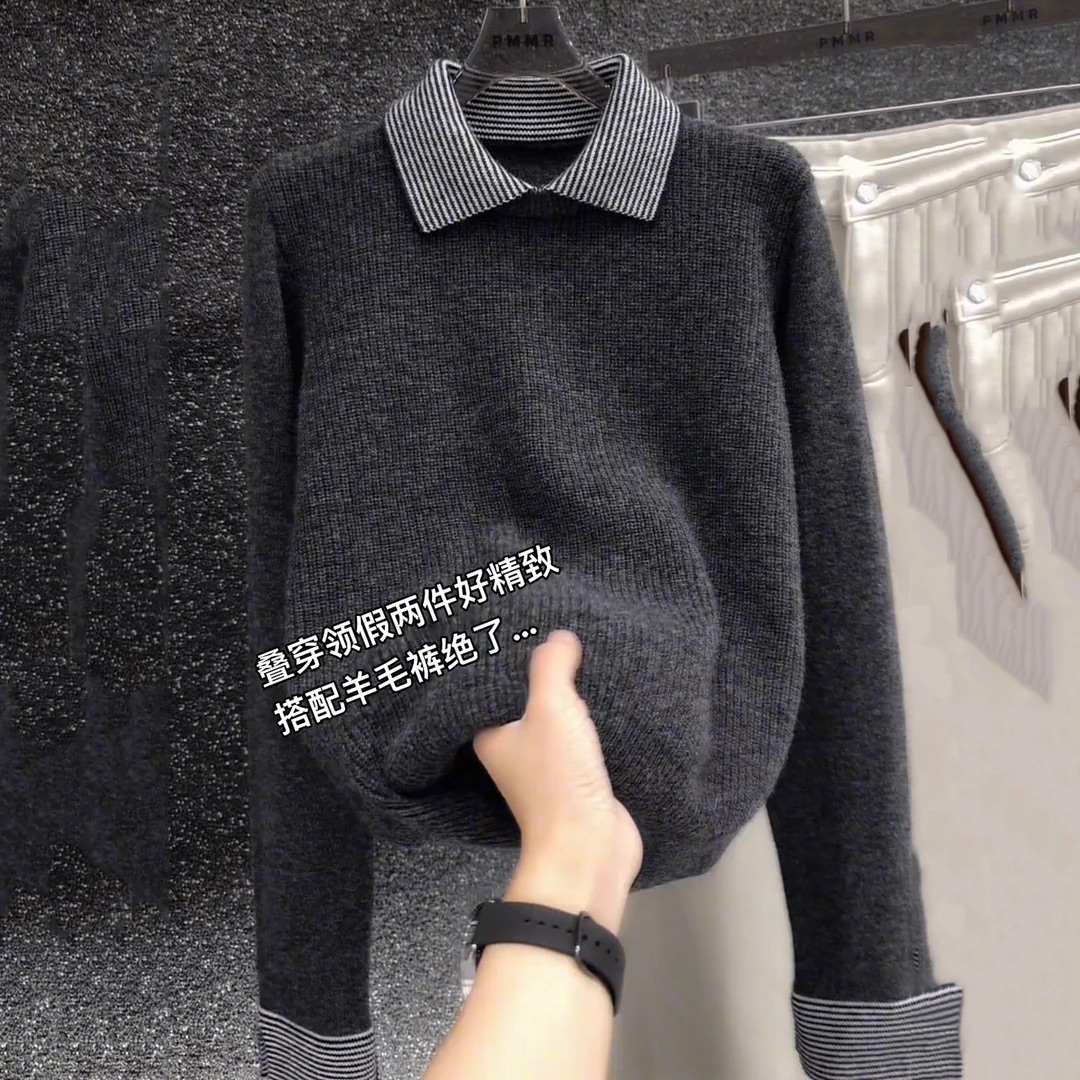 【佳佳的织黛女装】条纹翻领假两件欧货针织女毛衣套头气质宽松上衣