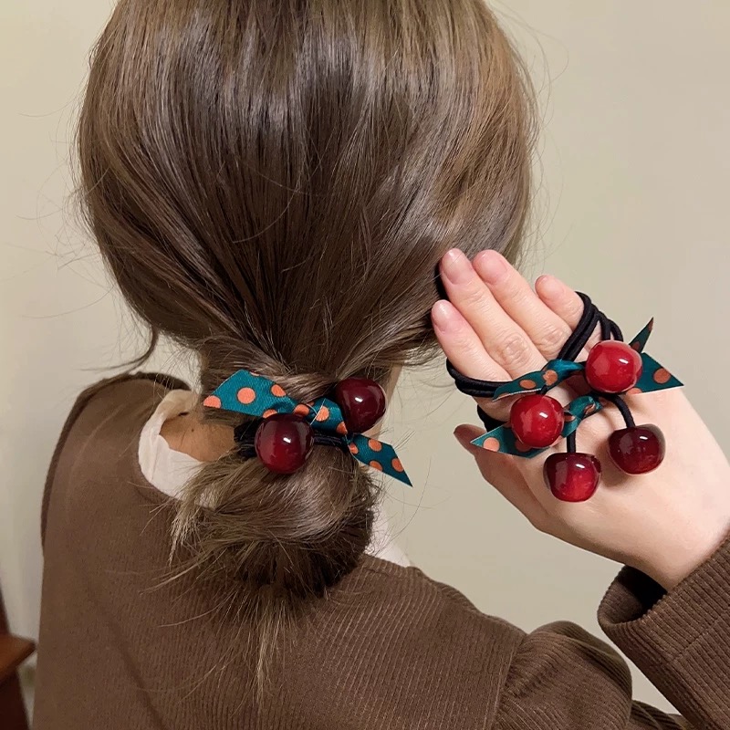 A四条装樱桃高弹力发圈头绳蝴蝶结女扎头发橡皮筋丸子头发绳1303