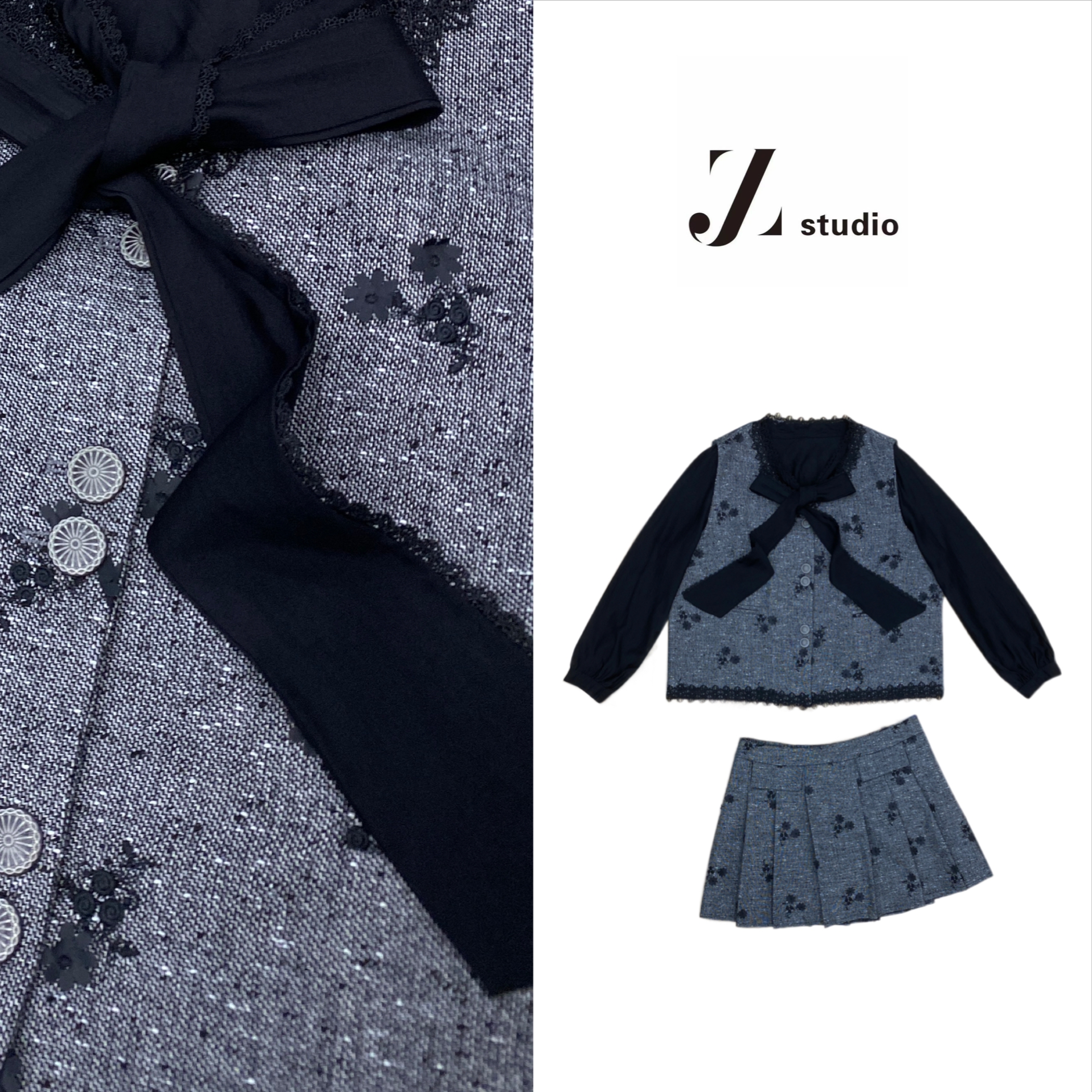 D大码胖M学院风蕾丝边花朵刺绣韩系衬衫飘带A字百褶裙三件套套装