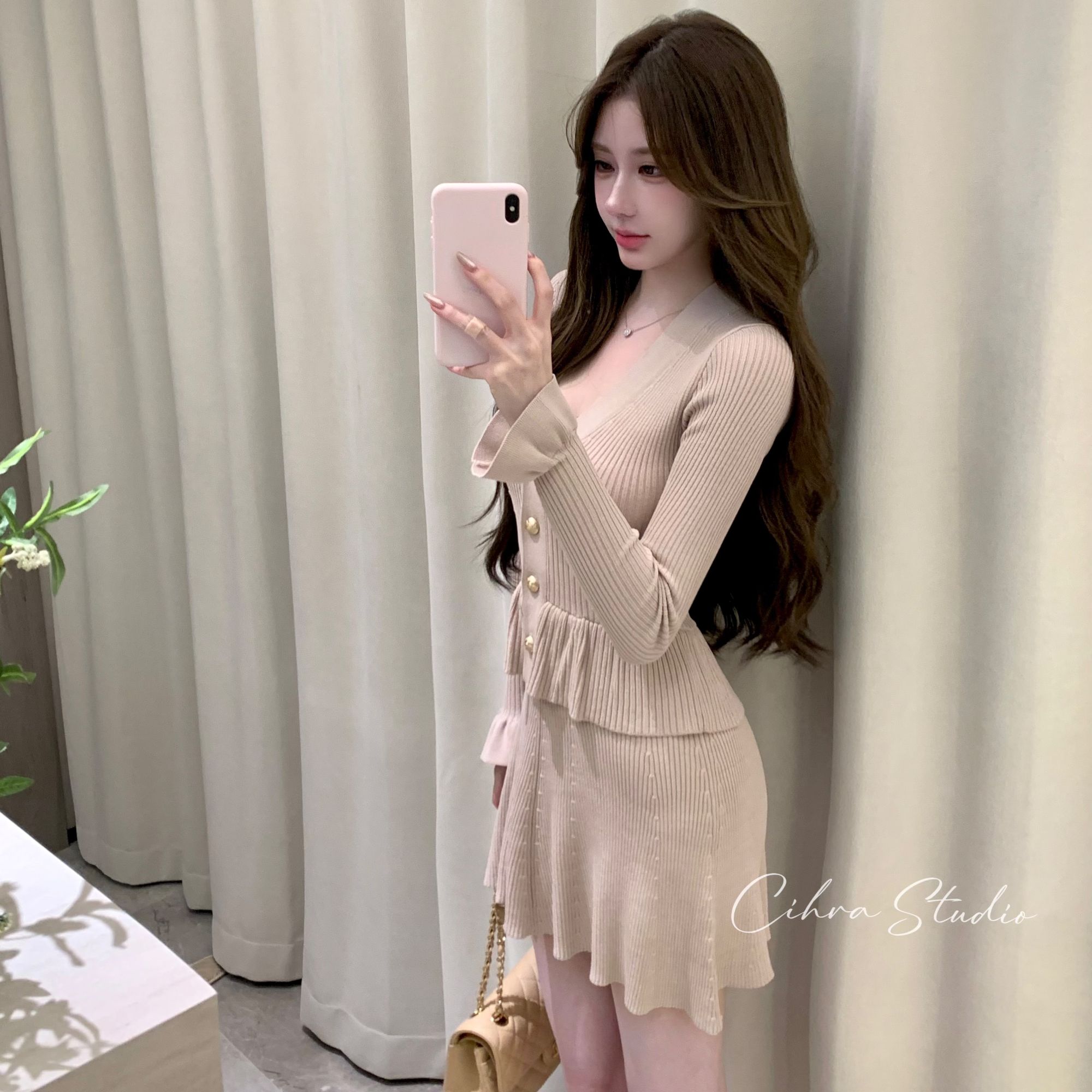 Cihra2店【巴黎记忆】V领长袖针织温柔假两件连衣裙春秋款名媛风