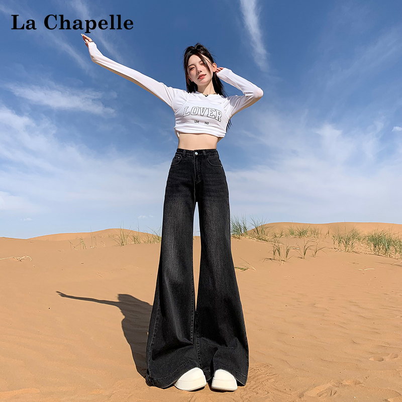 拉夏贝尔2025春夏新款宽松高腰显瘦喇叭裤复古小个子阔腿牛仔裤女