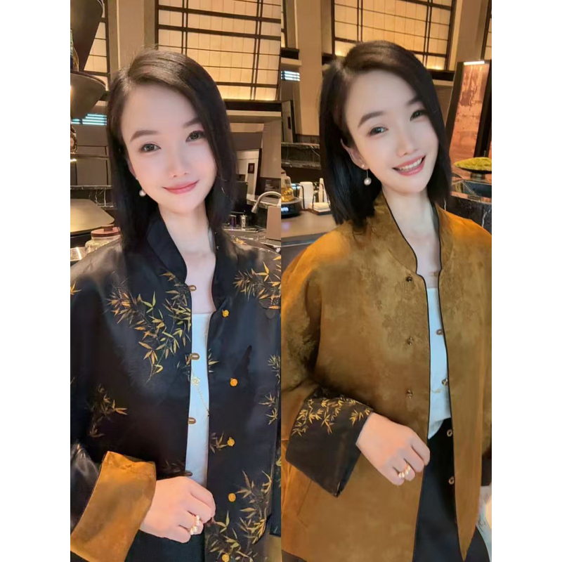QIAN【黑金竹影】100%桑蚕丝香云纱双面双穿新中式落肩外套