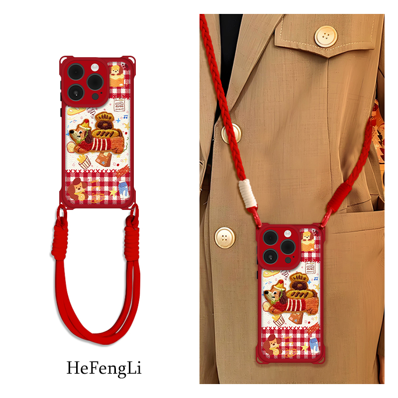 面包小狗四角防摔羊皮壳适用苹果华为oppo小米vivo可爱手机壳挂绳