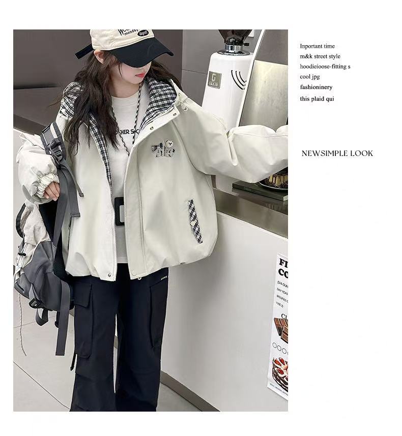 女大童小熊拼格子夹棉连帽外套