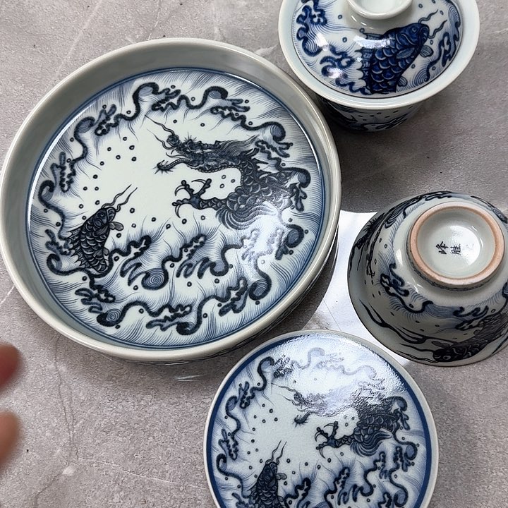 瓷片青花鱼化龙4件套景德镇