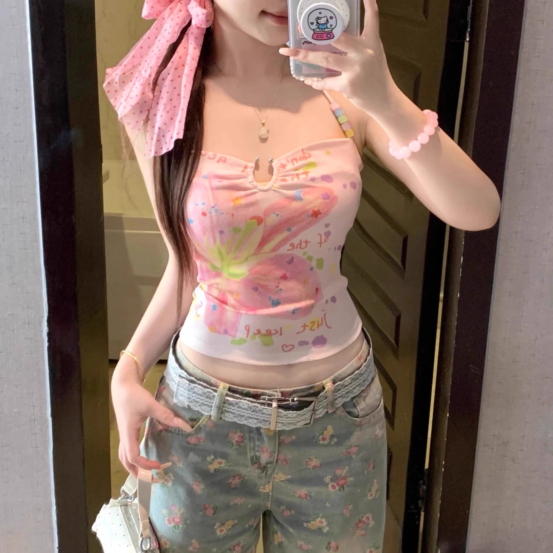 纯欲风白色挂脖小吊带彩色花朵串珠背心修身一体式带胸垫上衣女