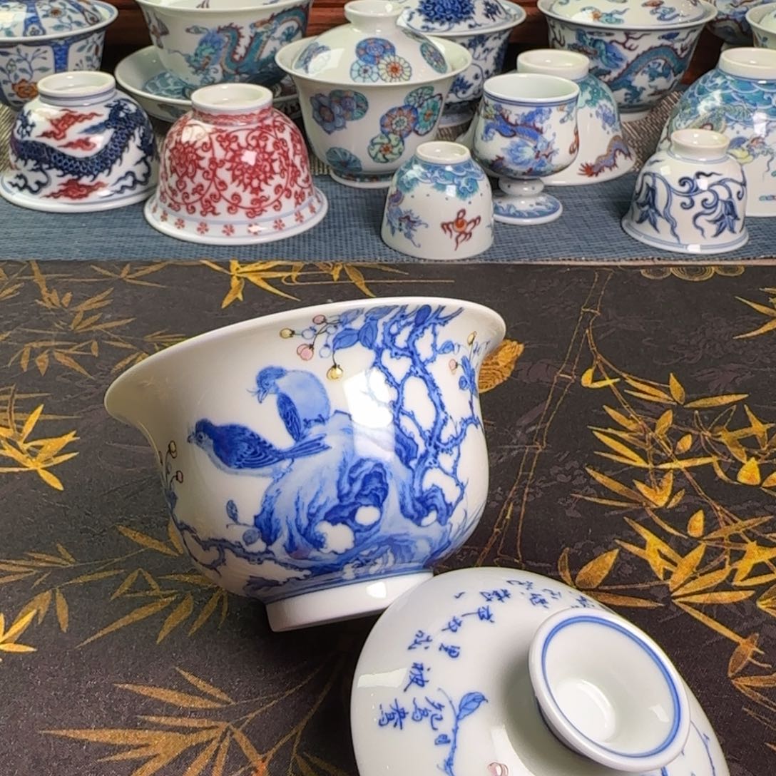 瓷片花鸟岩茶盖碗一个