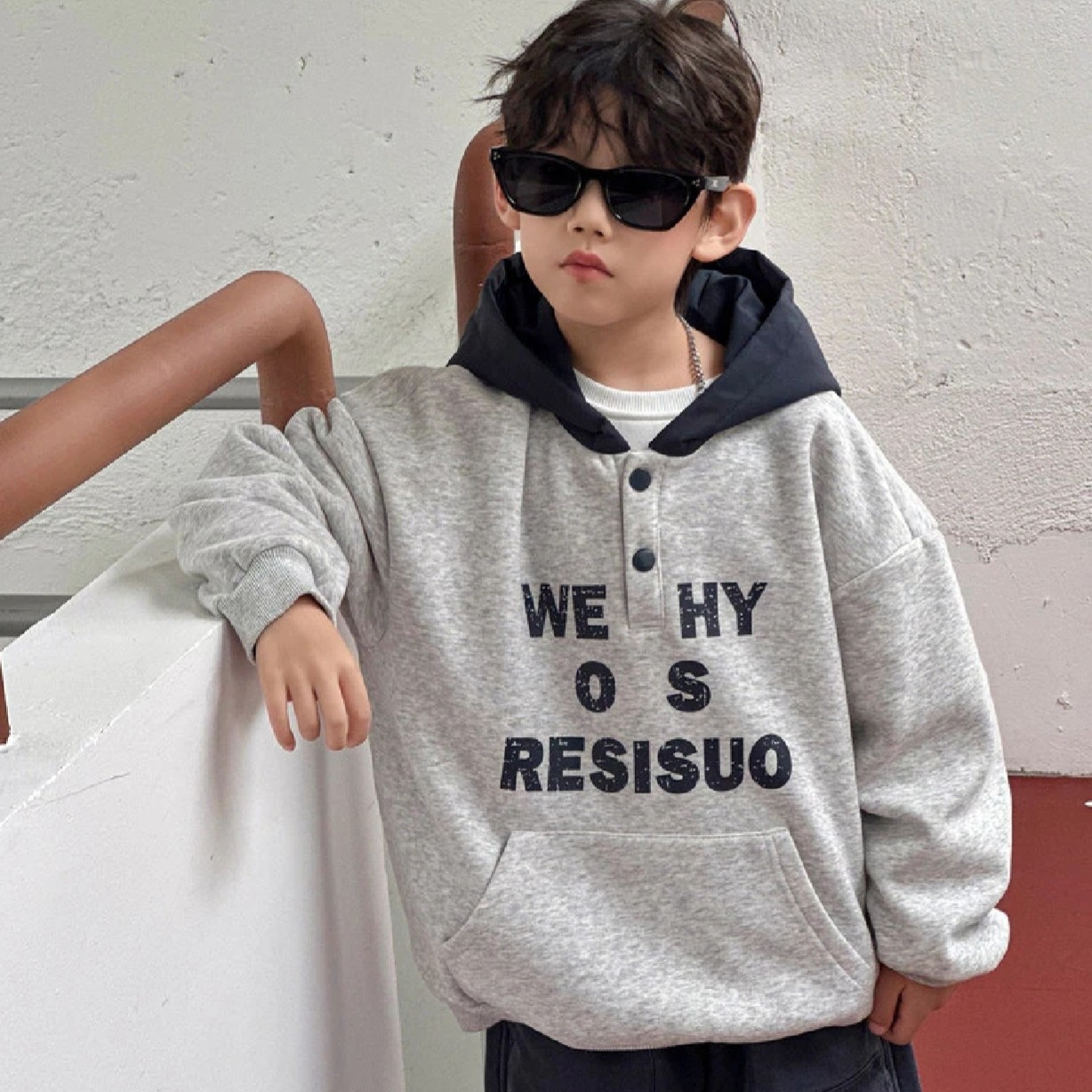 2025冬款加绒男童连帽美式撞色字母印花卫衣儿童加厚上衣