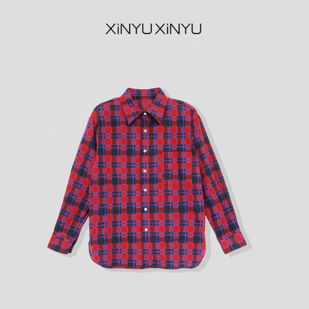 XINYU/芯与100棉色织红蓝格纹衬衫 231239 衬衣 长袖 格纹 时尚