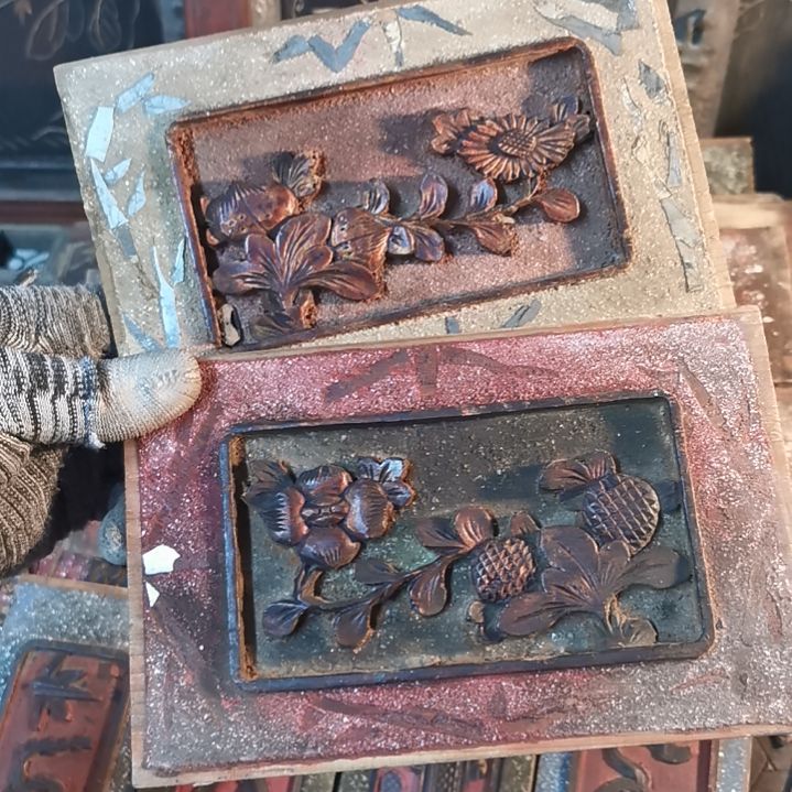 木画*老木雕花版一对