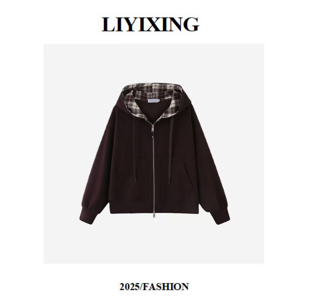 《李易行》格纹拼接设计感美式复古卫衣秋慵懒风宽松外套Q2519