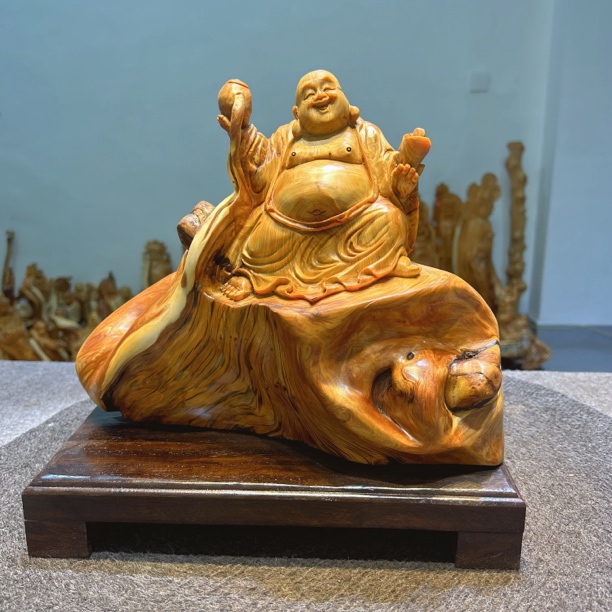 太行崖柏全虎皮纹高油弥勒根雕摆件工艺品长30高30宽19 重11斤
