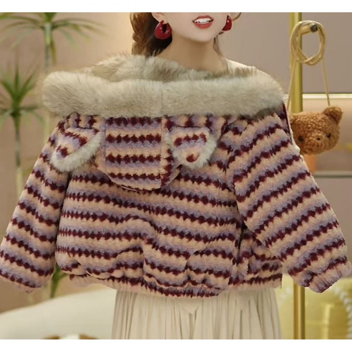 儿童条纹上衣毛绒外套2026新款加绒加厚时髦外套