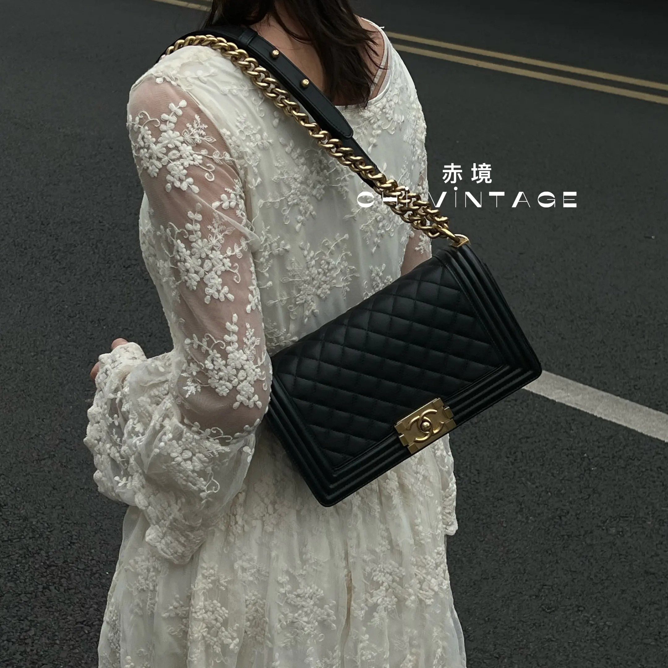 99新 Chanel/香奈儿 3322 黑金leboy单肩斜挎包中号20