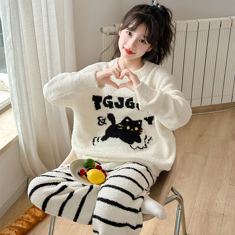 儿童冬季睡衣套装秋冬款洋气半边绒加厚保暖套装女童法兰绒家居服