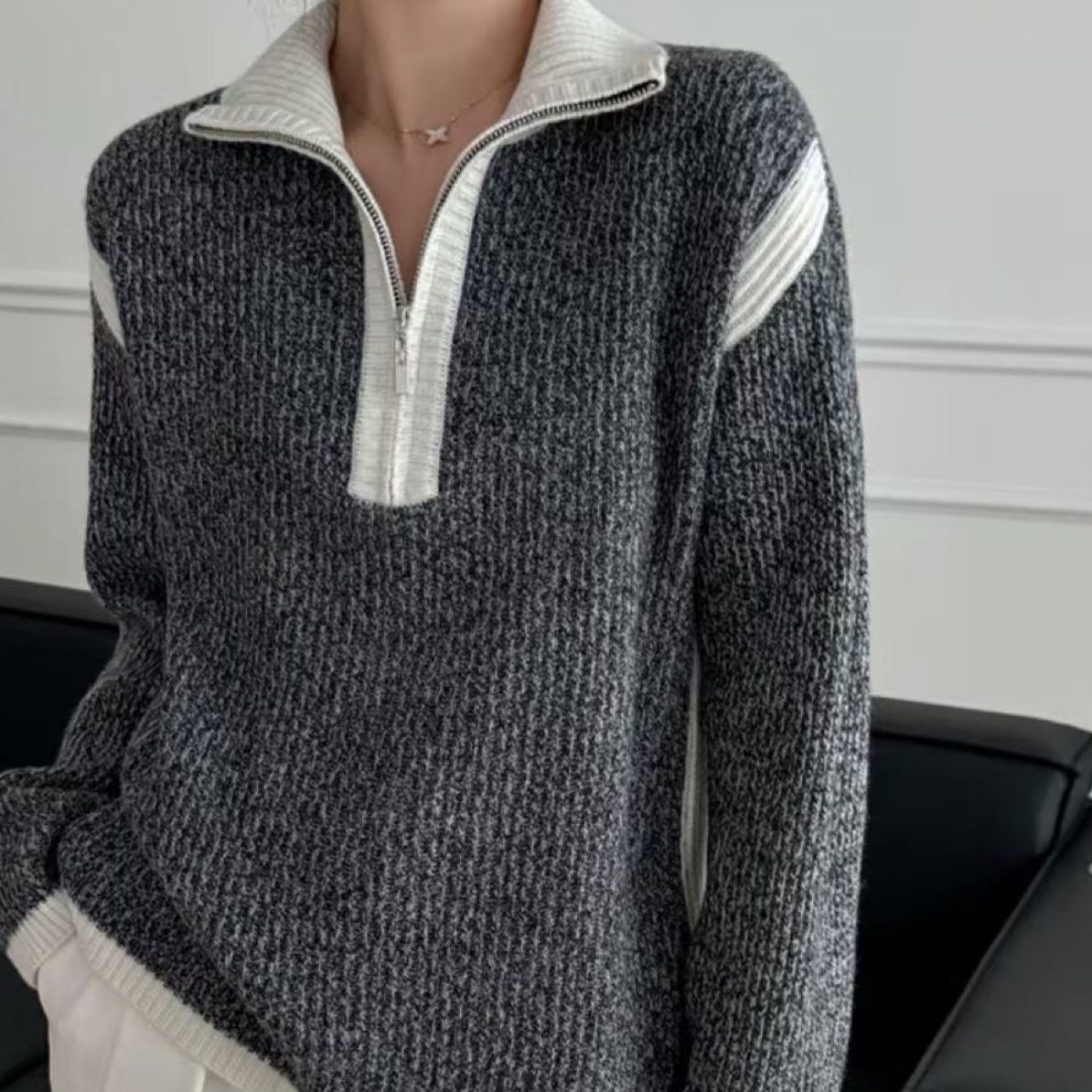 贵族气质感~北欧纱线100羊毛拼色拉链立领加厚羊毛毛衣女6996