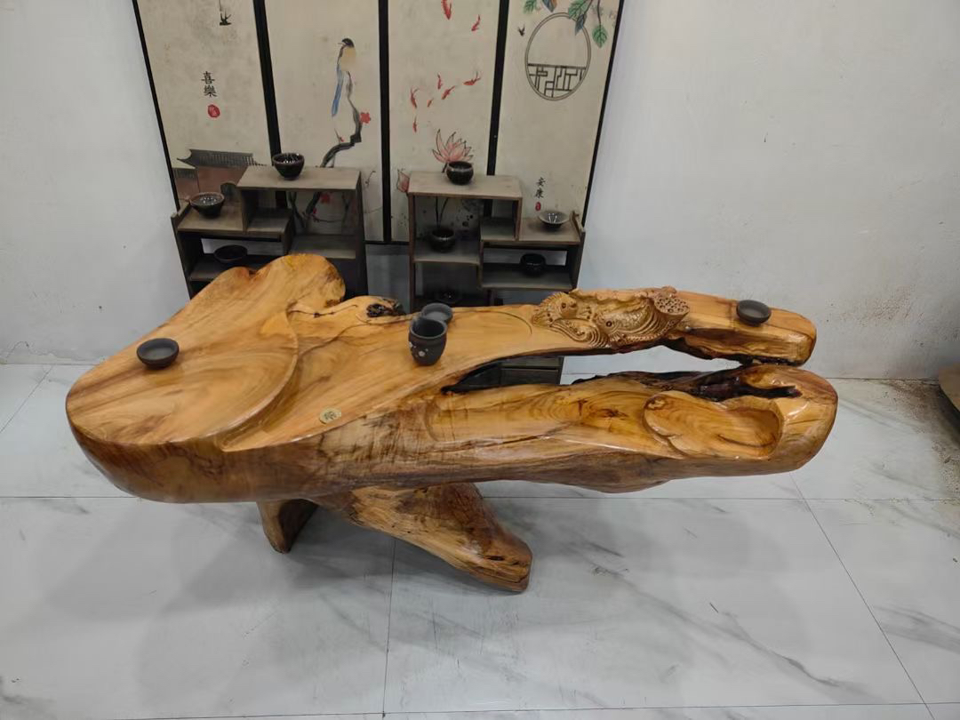 D2834香樟木整体根雕茶台阳台客厅家用茶几年年有鱼142-66-67厘米