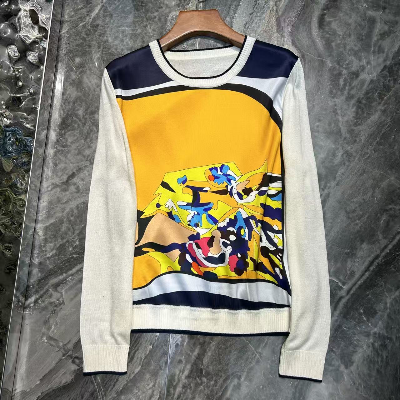 【清仓福利】AW 22203 Z艺术拼色重磅真丝拼接圆领长袖上衣