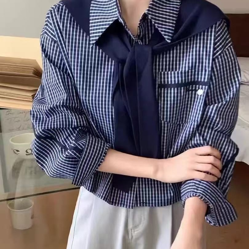 早秋新款百搭休闲带披肩格子衬衫女长袖设计感上衣
