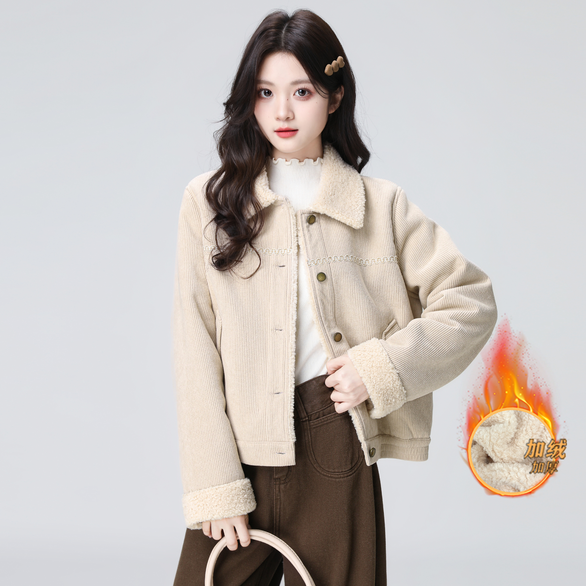 复古灯芯绒翻领外套女2025冬新款羊羔绒宽松加厚保暖夹克短款上衣