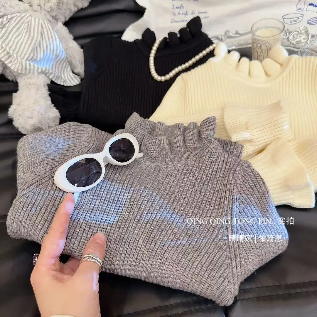 韩国女童秋季毛衣儿童纯色百搭木耳边加厚半高领针织衫保暖打底衫