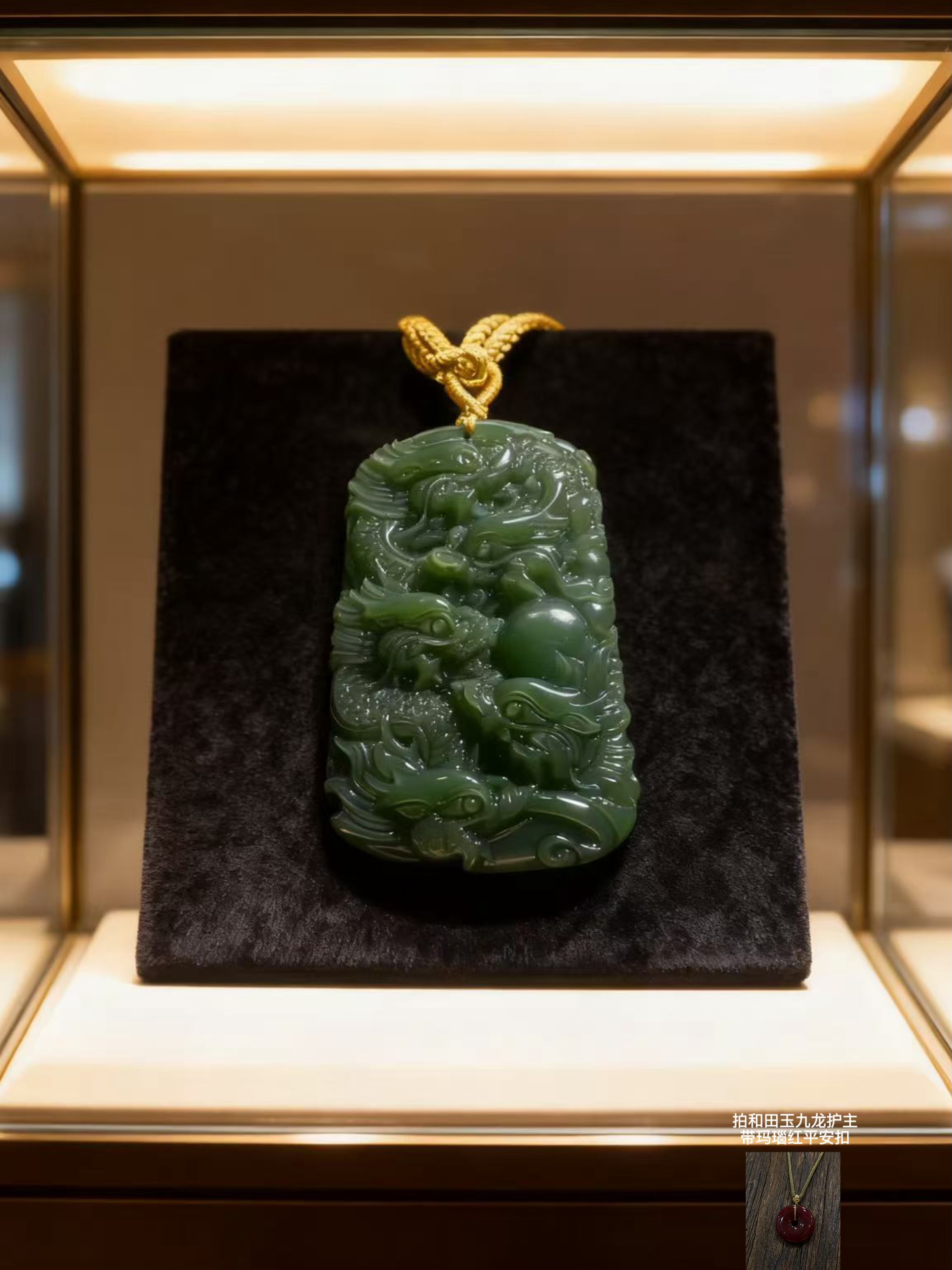 和田玉 九龙护主 吊坠 带红平安扣 带礼盒 sz 560